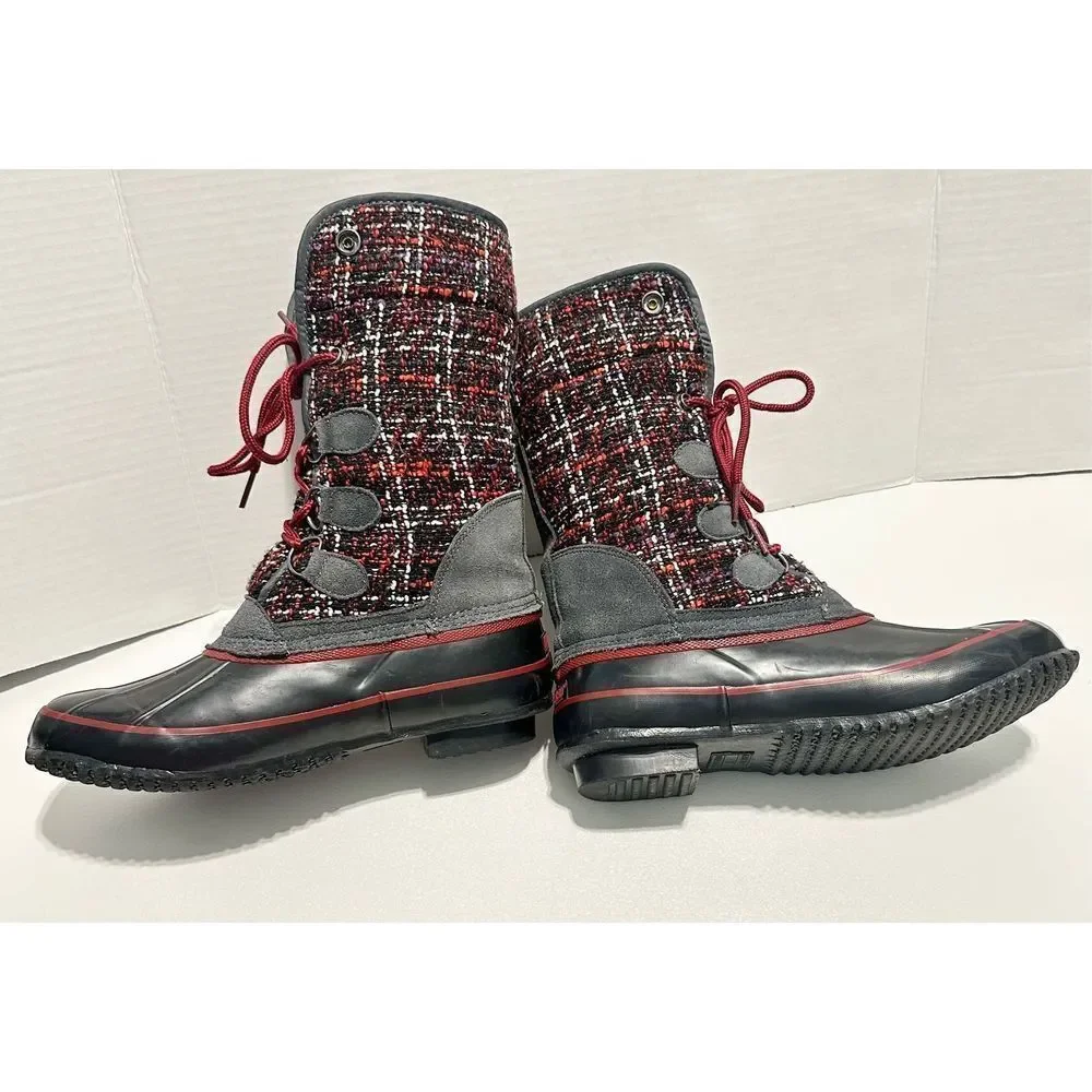 Khombu Elysse Rubber Upper Water Resistant Boots Plaid Lace Up Black‎ Red 8